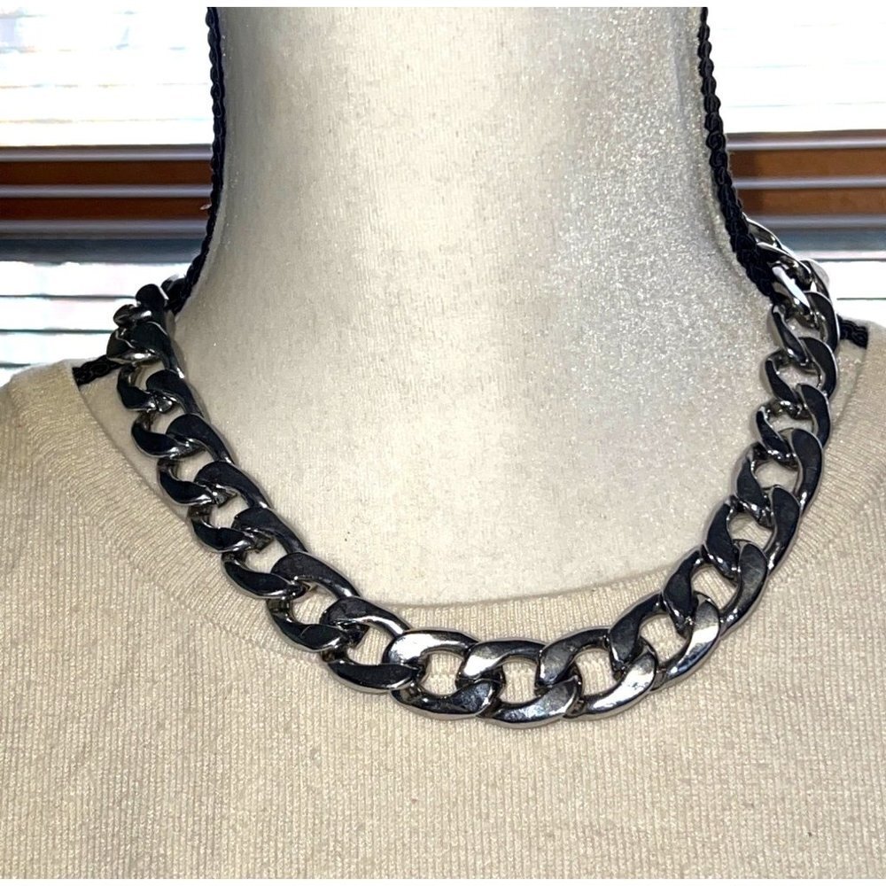Large Cable Link Silver Statement Necklace -- 17"